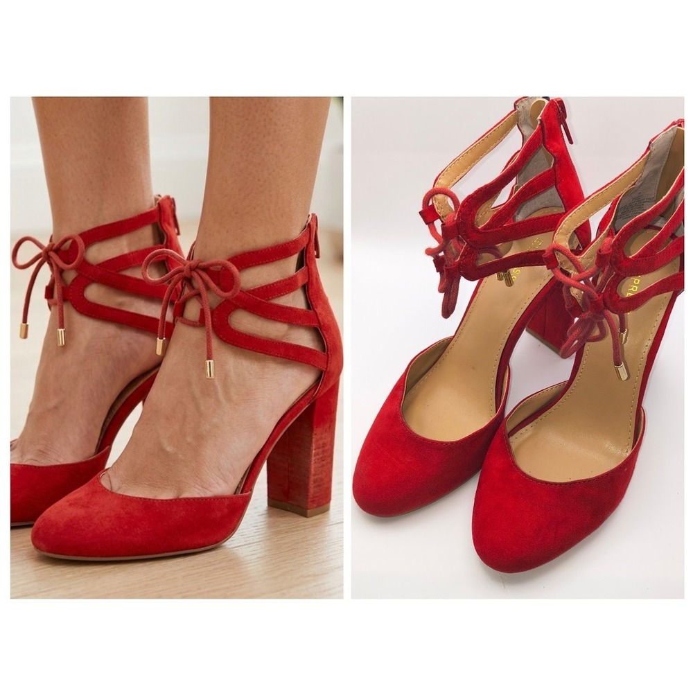 Express Red Suede Lace-Up Block Heel Pumps